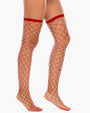Red rhinestone fishnet knee high stockings with sheer lace trim, perfect for a sexy look