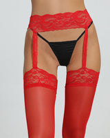 Red lace thigh-high stockings with garter belt, a sexy lingerie choice, sheer and comfortable.