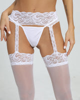 White lace garter belt with matching thong and thigh-high stockings, a sexy lingerie choice