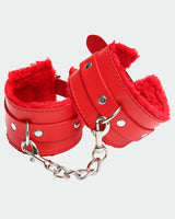 Red plush leather handcuffs with silver chain for role play and intimate moments