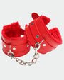 Red plush leather handcuffs with silver chain for role play and intimate moments