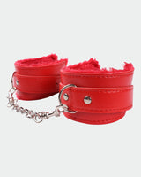 Red plush leather handcuffs with silver chain, perfect for role play and intimate moments