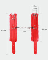 Red plush leather handcuffs with silver chain, adjustable straps, for role play and intimate moments