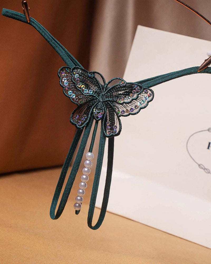 Green Pearl Sequined Mesh Low Rise Panties with Butterfly Design