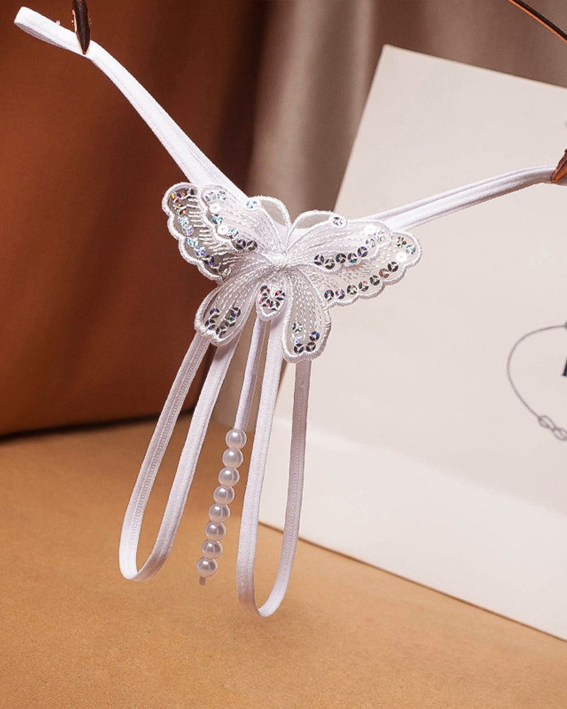 White Pearl Sequined Mesh Low Rise Panties with Butterfly Design, sexy lingerie