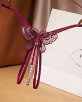 Burgundy Pearl Sequined Mesh Low Rise Panty with Butterfly Design and Pearl Details