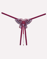 Burgundy sequined mesh low rise panty with butterfly design and pearl accents