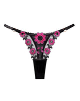 Black low waist thong panties with pink floral embroidery, sexy lingerie