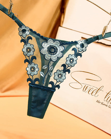 Teal floral embroidered low waist triangle lace thong panties, designed for comfort and elegance.