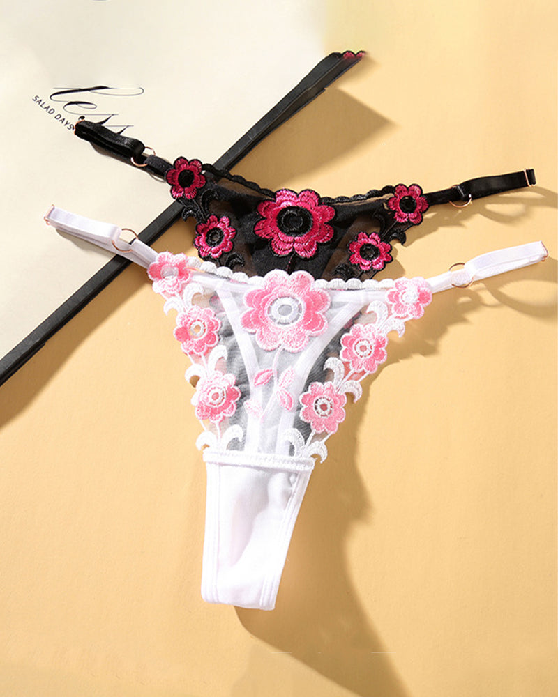 Floral embroidered low waist thong panties in black and white, sexy lingerie, SALAD DAYS