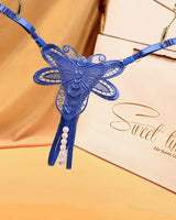Blue butterfly embroidered crotchless thong with pearl accents, perfect for a sweet time.