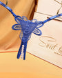Blue butterfly embroidered crotchless thong with pearl accents, perfect for a sweet time.