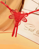 Red butterfly embroidered crotchless thong with pearl accents, "Sweet time" lingerie, low waist
