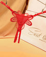 Red butterfly embroidered crotchless thong with pearl accents, "Sweet time" lingerie, low waist