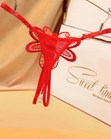 Red butterfly embroidered crotchless thong with pearl accents, low waist lingerie, Sweet time