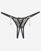 Black crotchless thong with pearl pendant. Low waist, floral lace. Sexy lingerie.