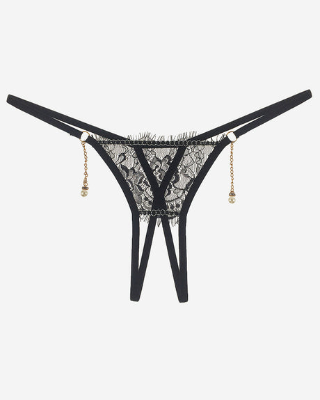 Black crotchless thong with pearl pendant. Low waist, floral lace. Sexy lingerie.