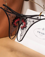 Black mesh crotchless thong with red floral embroidery, low rise design, sexy lingerie