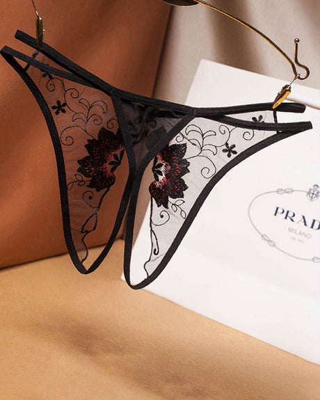 Black mesh embroidered crotchless thong, low rise, sexy lingerie, Prada