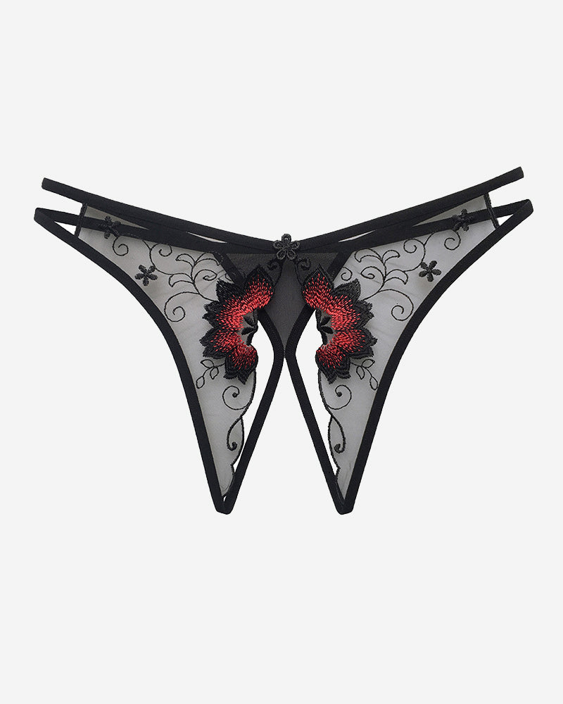 Black mesh crotchless thong with red floral embroidery, low rise, sexy lingerie