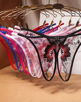 Embroidered mesh crotchless thongs, low rise, floral design, sexy lingerie