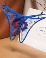 Blue mesh embroidered crotchless thong with floral design, low rise, sexy lingerie, PRADA