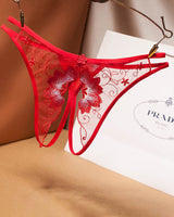 Red mesh embroidered crotchless thong with floral design, low rise, sexy lingerie, PRADA