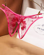 Embroidered pink mesh crotchless thong with floral design, low rise, sexy lingerie