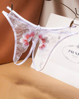 White mesh crotchless thong with red floral embroidery, low rise, sexy lingerie, Prada