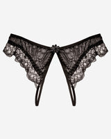 Black lace crotchless thong with floral design, low waist, and sheer material