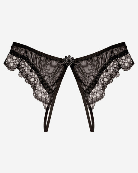 Black lace crotchless thong with floral design, low waist, and sheer material