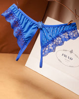 Blue lace crotchless thong, floral design, low waist, Prada, sexy lingerie