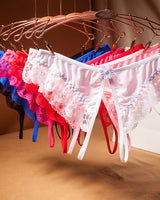 Crotchless lace thongs, low waist, floral design, multiple colors, perfect for sexy lingerie