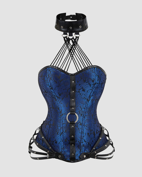 Blue floral 1980s corset with black leather accents and choker, perfect for parties and weddings