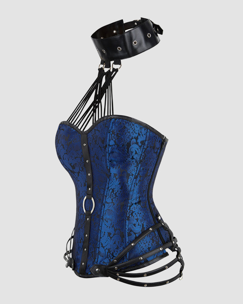 1980s blue floral corset with black leather accents and choker, ideal for parties and weddings