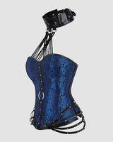 1980s blue floral corset with black leather accents and choker, ideal for parties and weddings