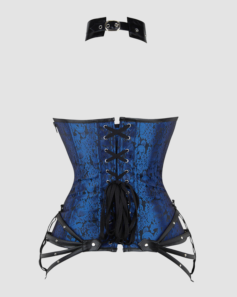 Blue floral 1980s corset with black leather accents and choker, ideal for parties and weddings