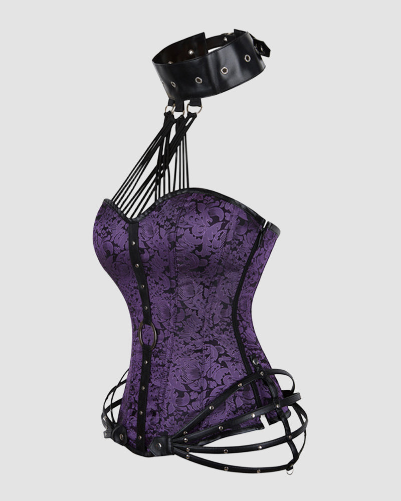 Purple floral corset with black leather accents and choker, perfect for parties and weddings