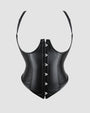 Black leather 1980s boned corset with suspenders, perfect for parties and weddings