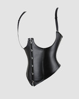 Black leather corset with suspenders, 1980s style, ideal for parties and weddings