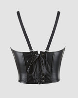 Black leather corset with suspenders, perfect for parties and weddings, 1980s style