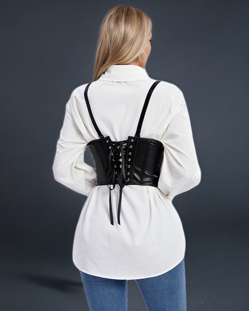 Black leather corset with suspenders, 1980s style, perfect for parties and weddings