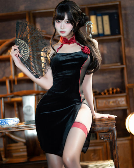 Black halter neck cheongsam with red trim, high slit, and red stockings, perfect for role play