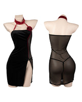 Black halter neck cheongsam lingerie set with red trim and slit, sheer back, perfect for role play
