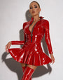 Red faux leather long-sleeve zip-up mini dress with glossy sheen and V-front zipper