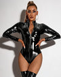 High-shine faux leather zip-front long-sleeve bodysuit, black, ring-pull zipper