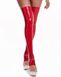 Red faux leather thigh-high stockings with glossy finish
