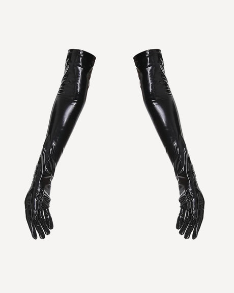 Black faux leather opera-length gloves with glossy finish and long fingered coverage