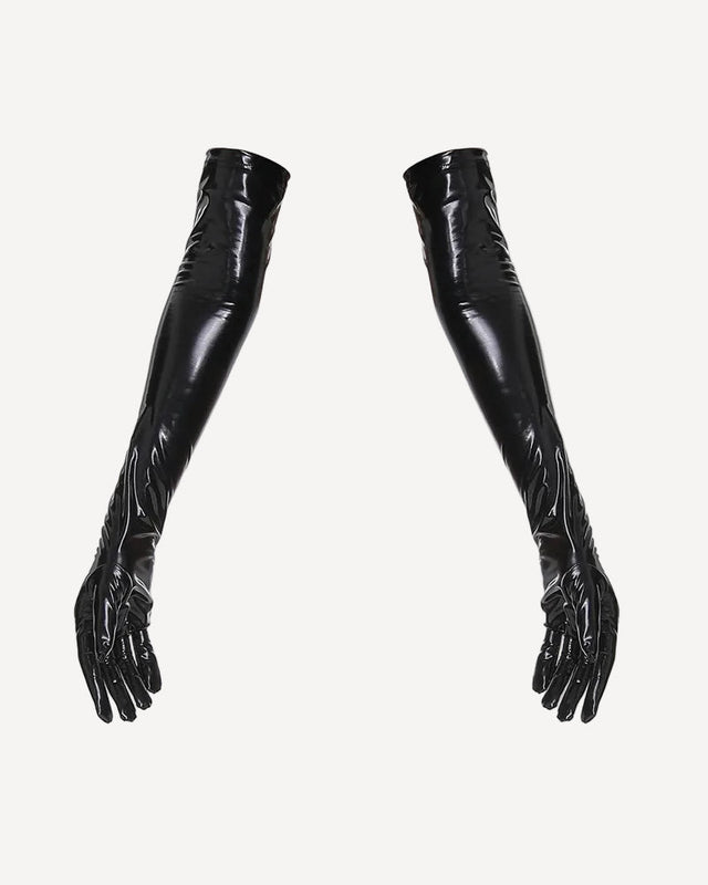 Black faux leather opera-length gloves with glossy finish and long fingered coverage