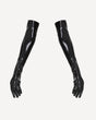 Black faux leather opera-length gloves with glossy finish and long fingered coverage